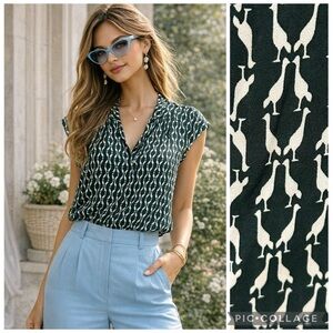 Lipslide Bird Print Blouse Green White Flutter Sleeve V-Neck Top Large
